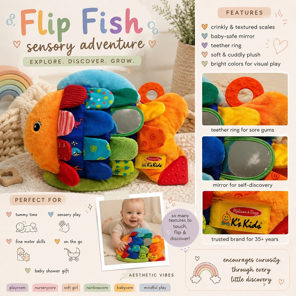 Melissa & Doug K's Kids Flip Fish Plush Sensory Baby Toy Orange Multi Color Exc